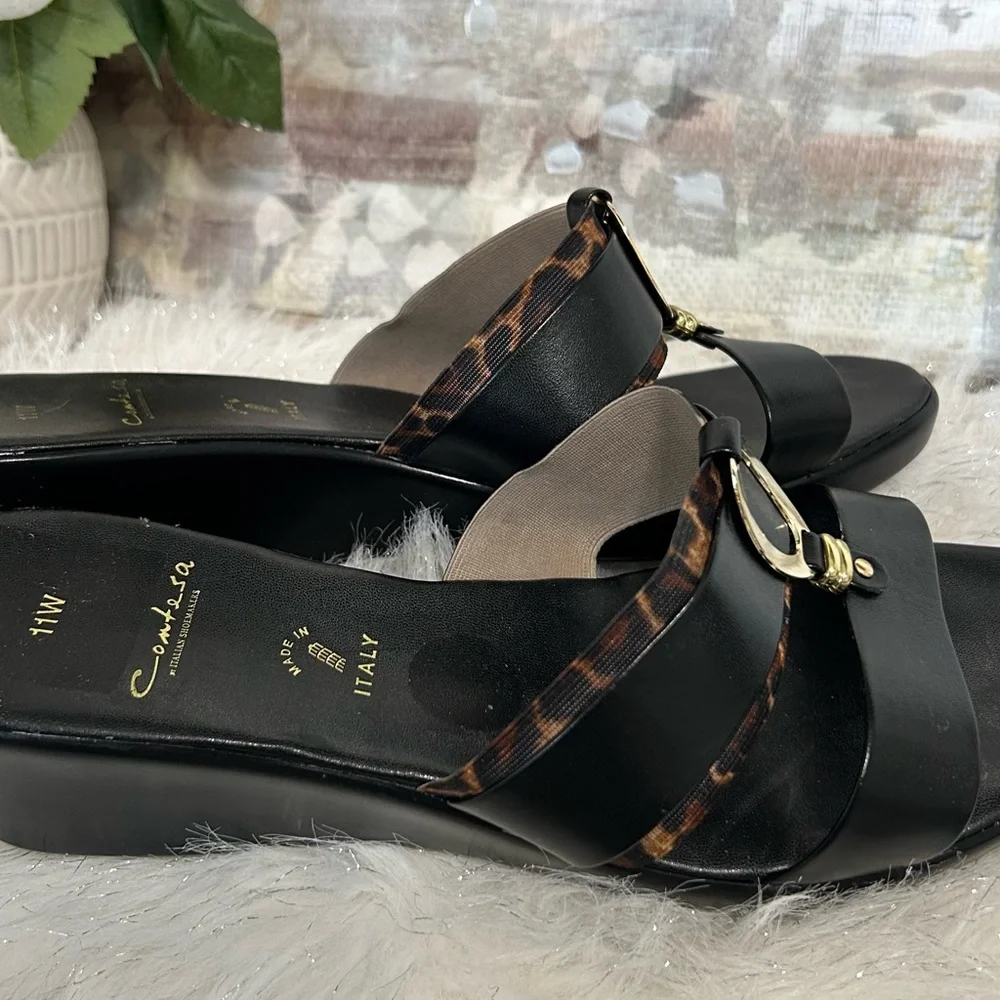 Black Leopard Trim Slide Sandals with Gold Accent